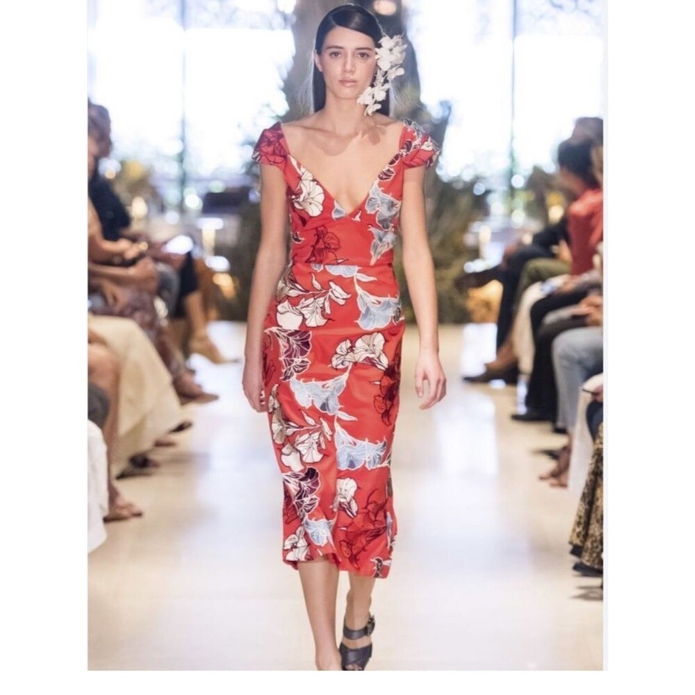 NWT Johanna Ortiz Red Floral V-Neck Midi Dress with Blue and White Accents